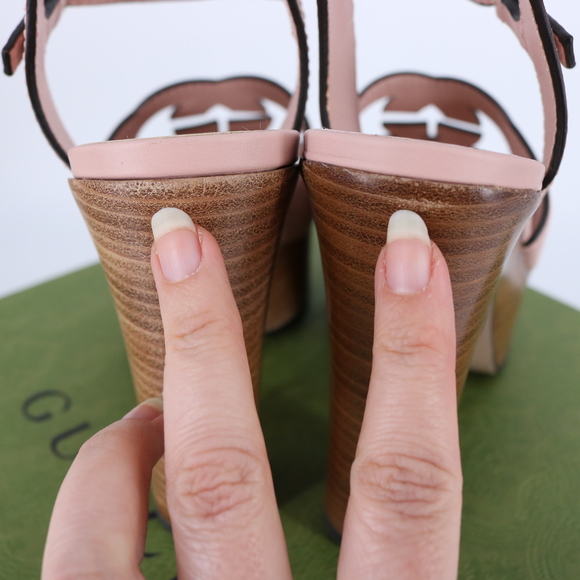 Gucci 37.5 Interlocking GG 110mm Logo Nude Pink Sandals Heels E798 - Picture 11 of 15